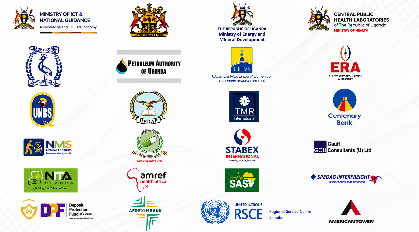 Logos of organizations we have supported, including the Ministry of ICT & National Guidance, Ministry of Energy and Mineral Development, Central Public Health Laboratories, Uganda Police Force, Petroleum Authority of Uganda, Uganda Revenue Authority, Electricity Regulatory Authority, Uganda National Bureau of Standards, Centenary Bank, National Drug Authority, STABEX International, NITA Uganda, Amref Health Africa, Deposit Protection Fund of Uganda, Afreximbank, the United Nations Regional Service Centre Entebbe and American Tower